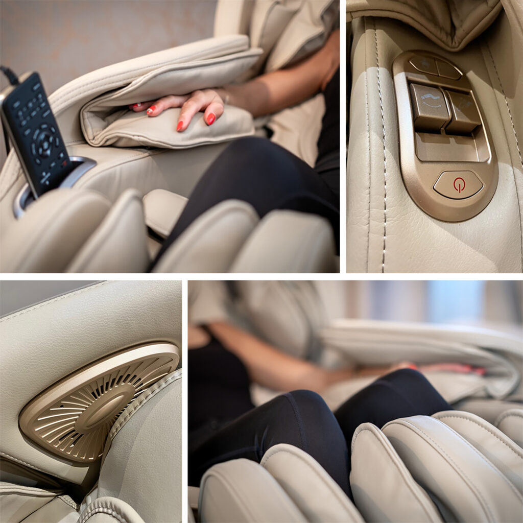 Collage de détails du fauteuil de massage Ouessant de Bodygravity : haut-parleurs Bluetooth, télécommande, dossier en cuir noir matelassé, et commandes accoudoirs.