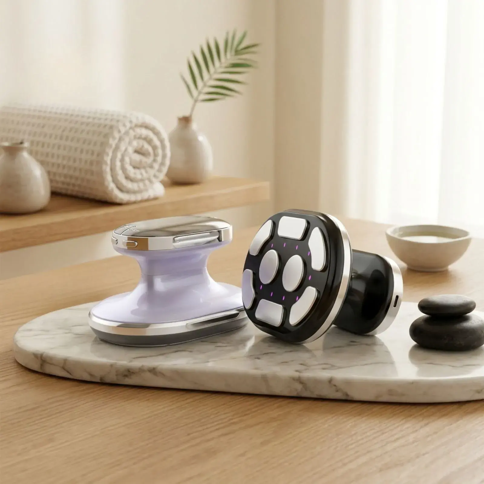 Masseur anticellulite SlimSkin de la marque BodySkin posé sur une table en bois