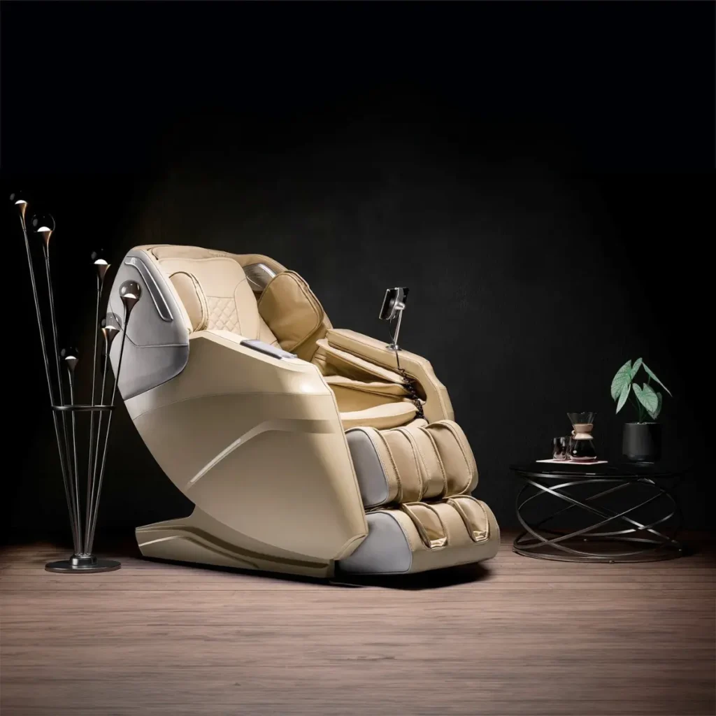 Intégration du fauteuil de massage IREST A336 bodygravity beige avec lampe sur pied design et table basse
