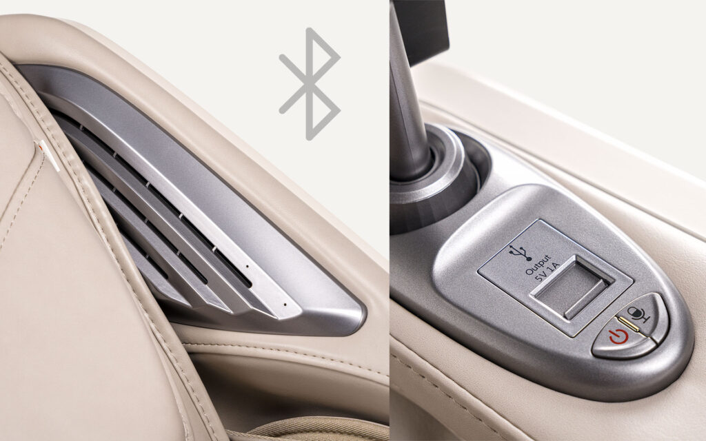 Zoom sur haut-parleur Bluetooth et prise USB du fauteuil 