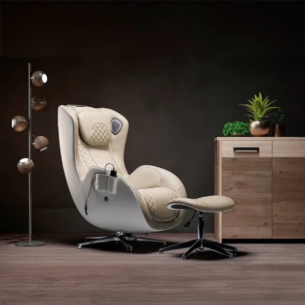 Intégration du Fauteuil de massage IREST A185 bodygravity avec lampes sur pied design et commode en bois avec plantes posé dessus