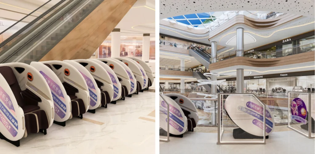 Mise en situation des fauteuils de massage dans centre commercial