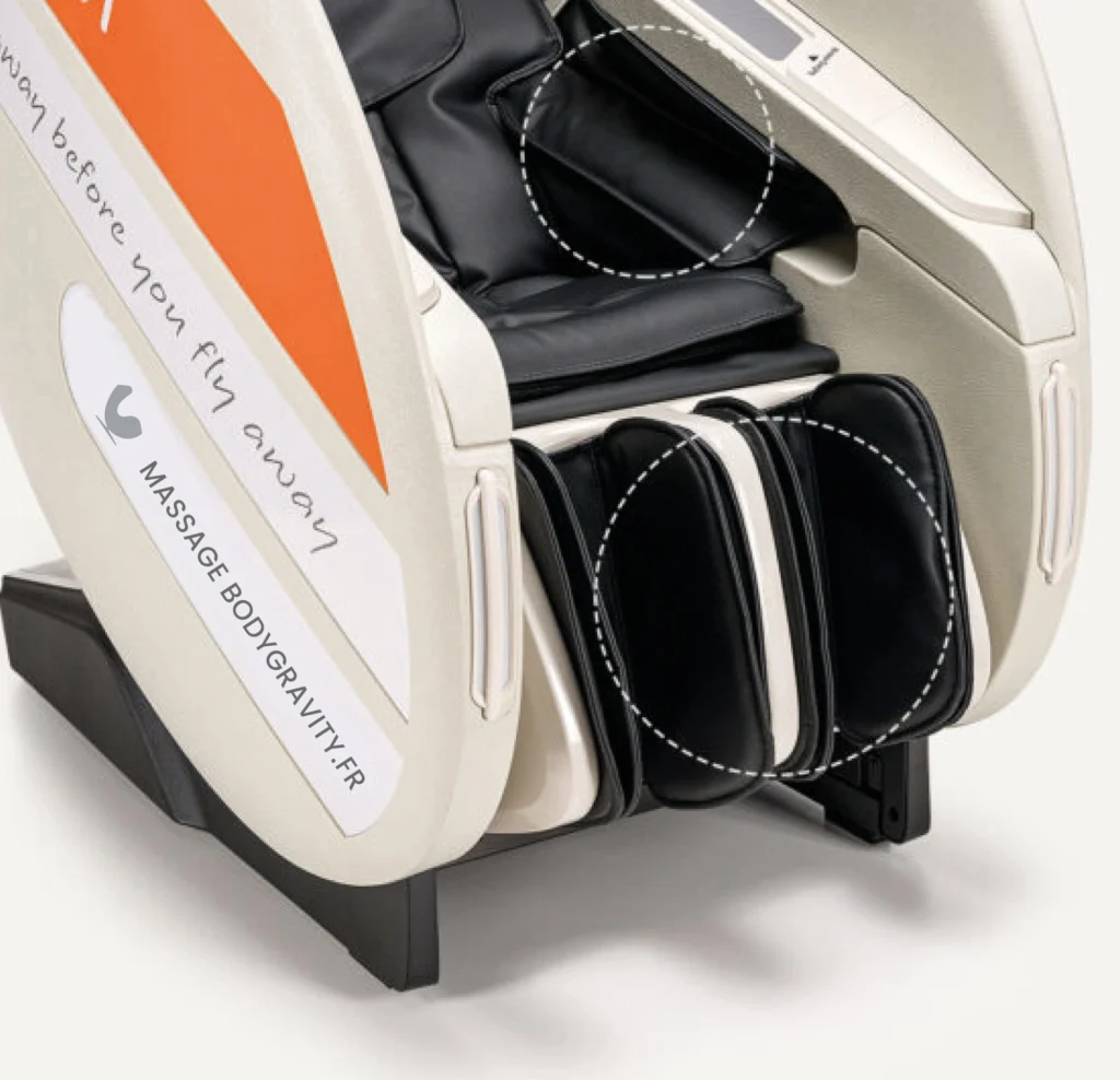 Piétement du fauteuil T103 Irest, zoom sur mécanisme de massage mollets