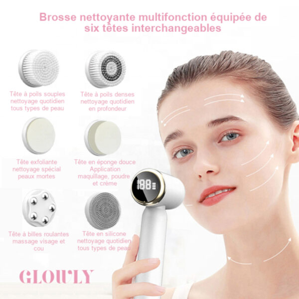 Glowly, brosse nettoyante visage multifonction, descriptif des 6 brosses interchangeables