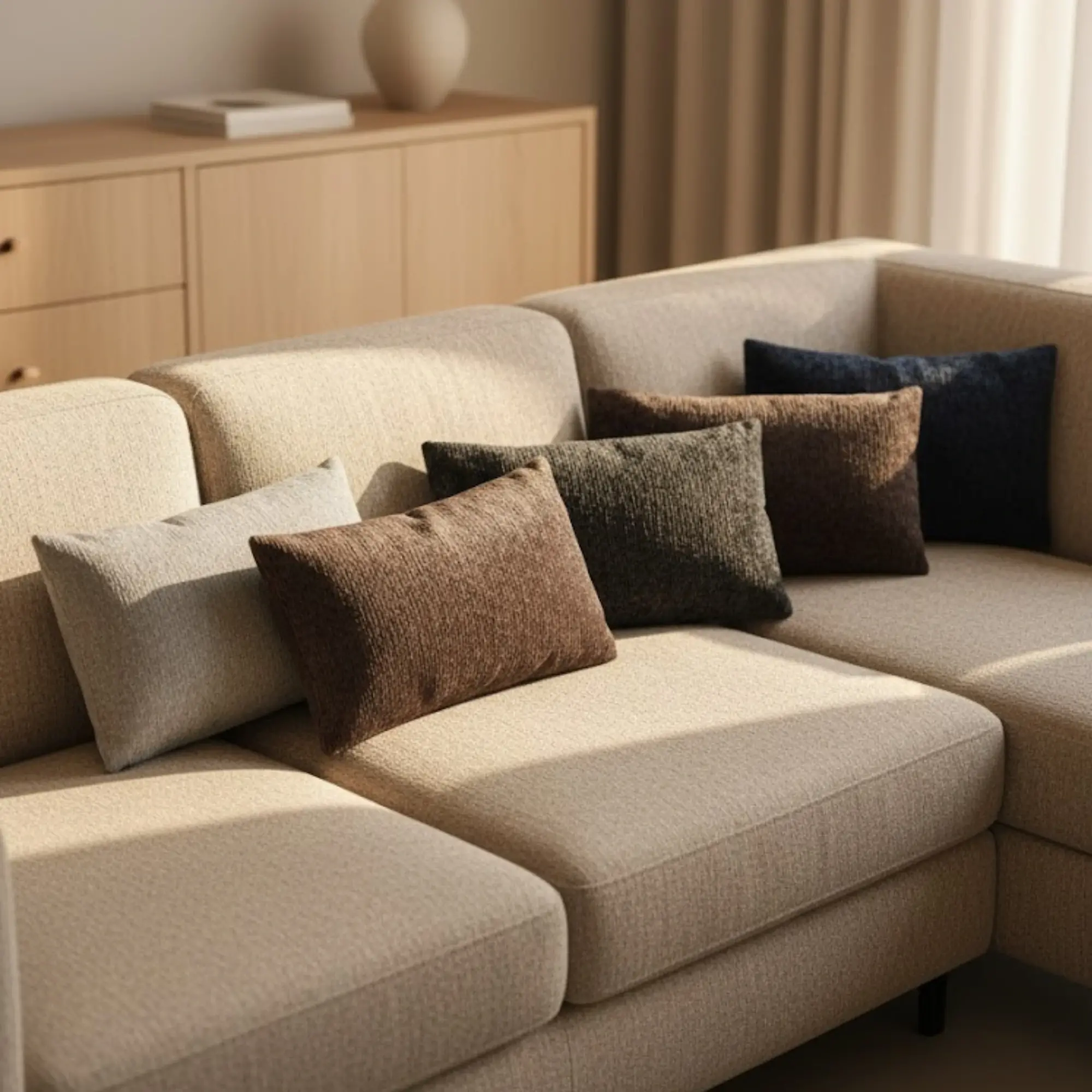 Assortiment de coussins massants Relaxo posés sur un canapé design
