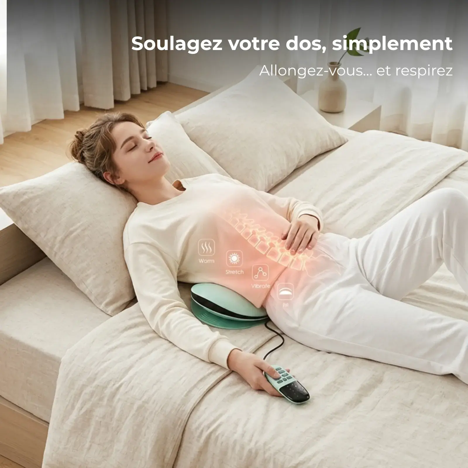 Utilisation dans le bas du dos du masseur lombaires BACKLY par une femme allongée confortablement dans un lit, ambiance apaisante