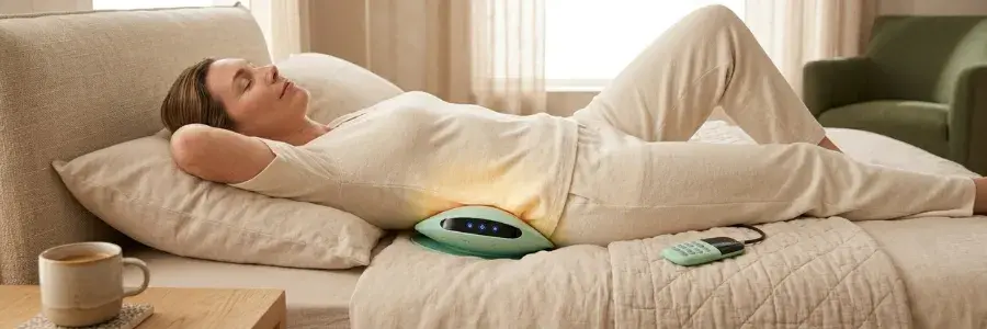 Femme allongée confortablement sur un lit utilisant le masseur lombaires BACKLY